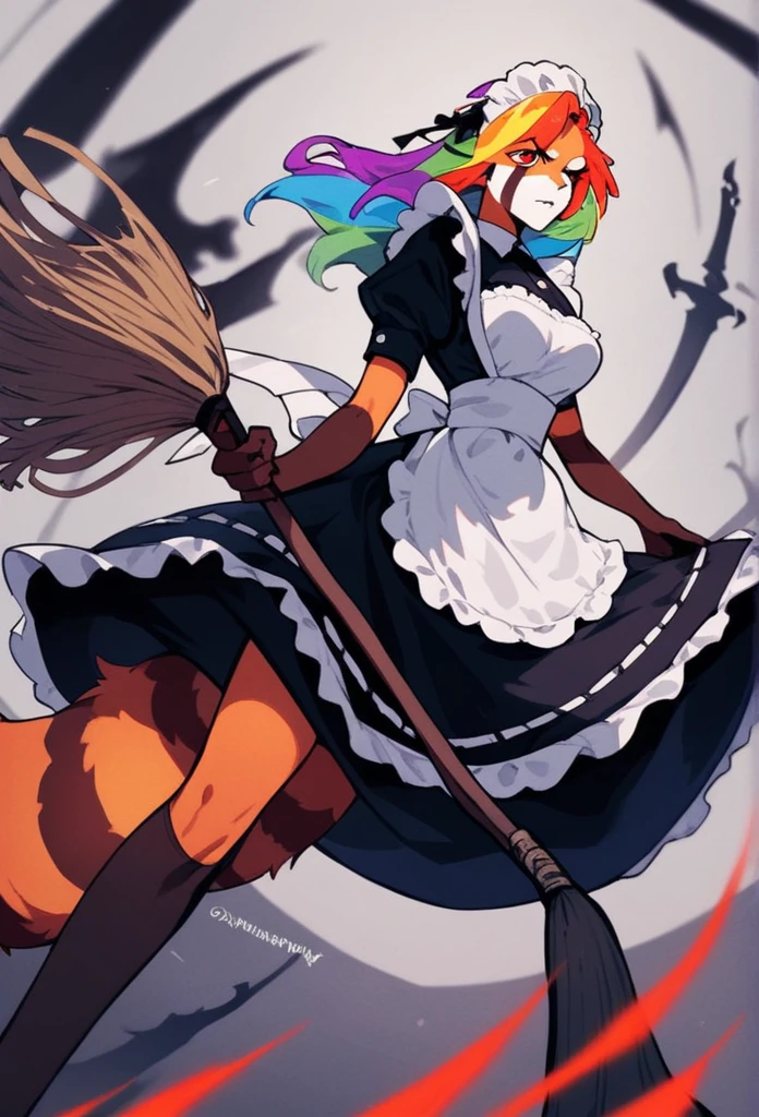 score_8_up,( score_4_up:-0.2), woman, red panda, rainbow hair, perfect body, evil, feminin, maid, hold a broom like a weapon