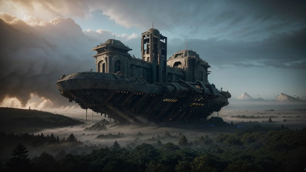 a archology in the middle of a forest with trees and fog in the, stunning vfx, incredible vfx, an intact ancient alien ship, epic cinematic matte painting, alien ship wreck, insanely detailed matte painting, ruined alien structures, from a 2 0 1 9 sci fi 8 k movie, an immense floating castle, destroyed ship, epic and cinematic view, still from a live action movie, abandoned rocket ship, spectacular cinematic scene, aerial footage, very realistic cinematic, hyperrealistic matte painting, very detailed cinematic, highly detailed vfx, drone footage