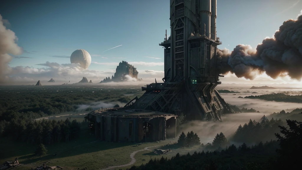 a archology in the middle of a forest with trees and fog in the, stunning vfx, incredible vfx, an intact ancient alien ship, epic cinematic matte painting, alien ship wreck, insanely detailed matte painting, ruined alien structures, from a 2 0 1 9 sci fi 8 k movie, an immense floating castle, destroyed ship, epic and cinematic view, still from a live action movie, abandoned rocket ship, spectacular cinematic scene, aerial footage, very realistic cinematic, hyperrealistic matte painting, very detailed cinematic, highly detailed vfx, drone footage