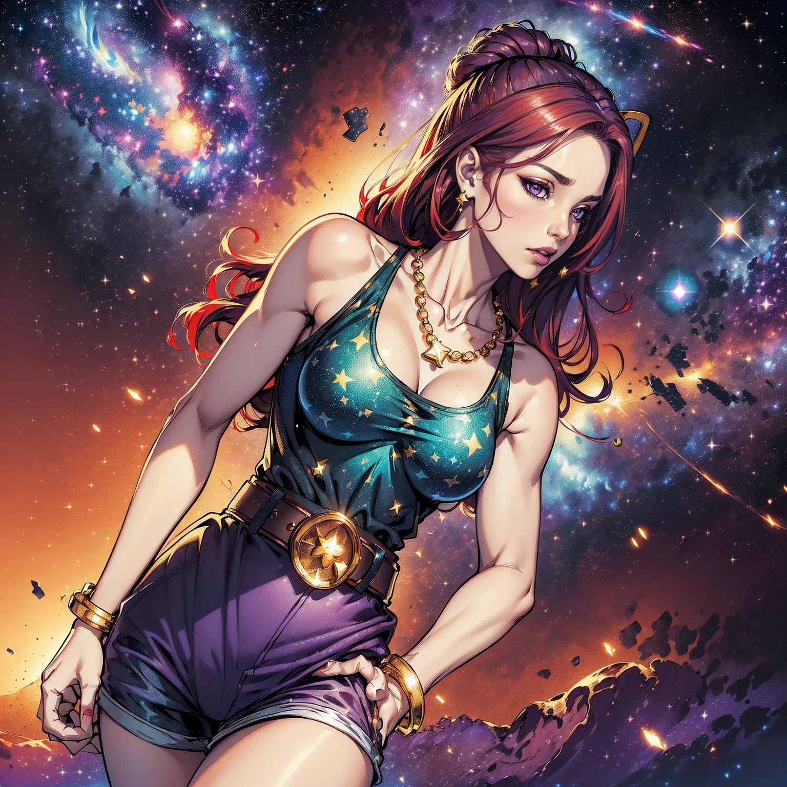 Masterpiece, Professional, High Definition - quality, sharp focus, perfect artwork, Best Illustration, trending on artstation, UHD, 4k, full body, NSFW
((solo, 1woman, (TakashiroHiroko, dark purple eyes, red hair, long hair), lipstick, Extremely detailed, ambient soft lighting, 4k, perfect eyes, a perfect face, perfect lighting, a 1girl)), ((solo, (1woman, lipstick), Extremely detailed, ambient soft lighting, 4k, perfect eyes, a perfect face, perfect lighting, a 1girl)), , ((fitness,, shapely body, athletic body, toned body)), ((printed tank top, leopard print tank top, painted jaguar print, black shorts, hands on waist, ((universe in the background, galaxies in the background, belt, stars, nebula background)), jade earrings, gold necklace, gold bracelets))