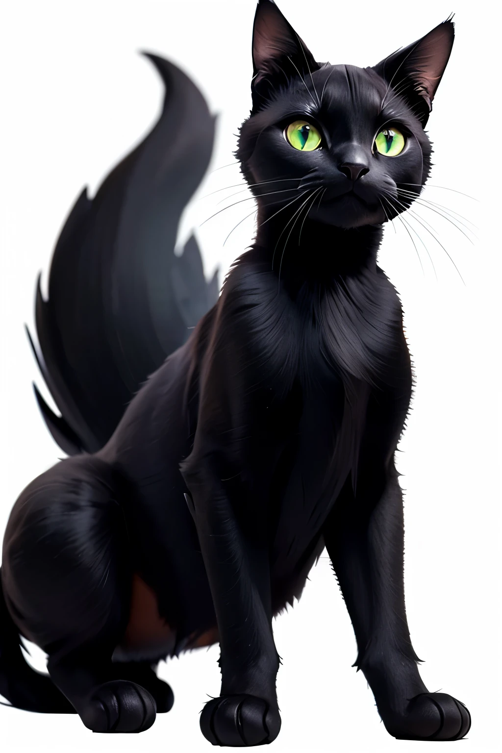 a green-eyed black cat, white background, full shot, full body in frame, not human