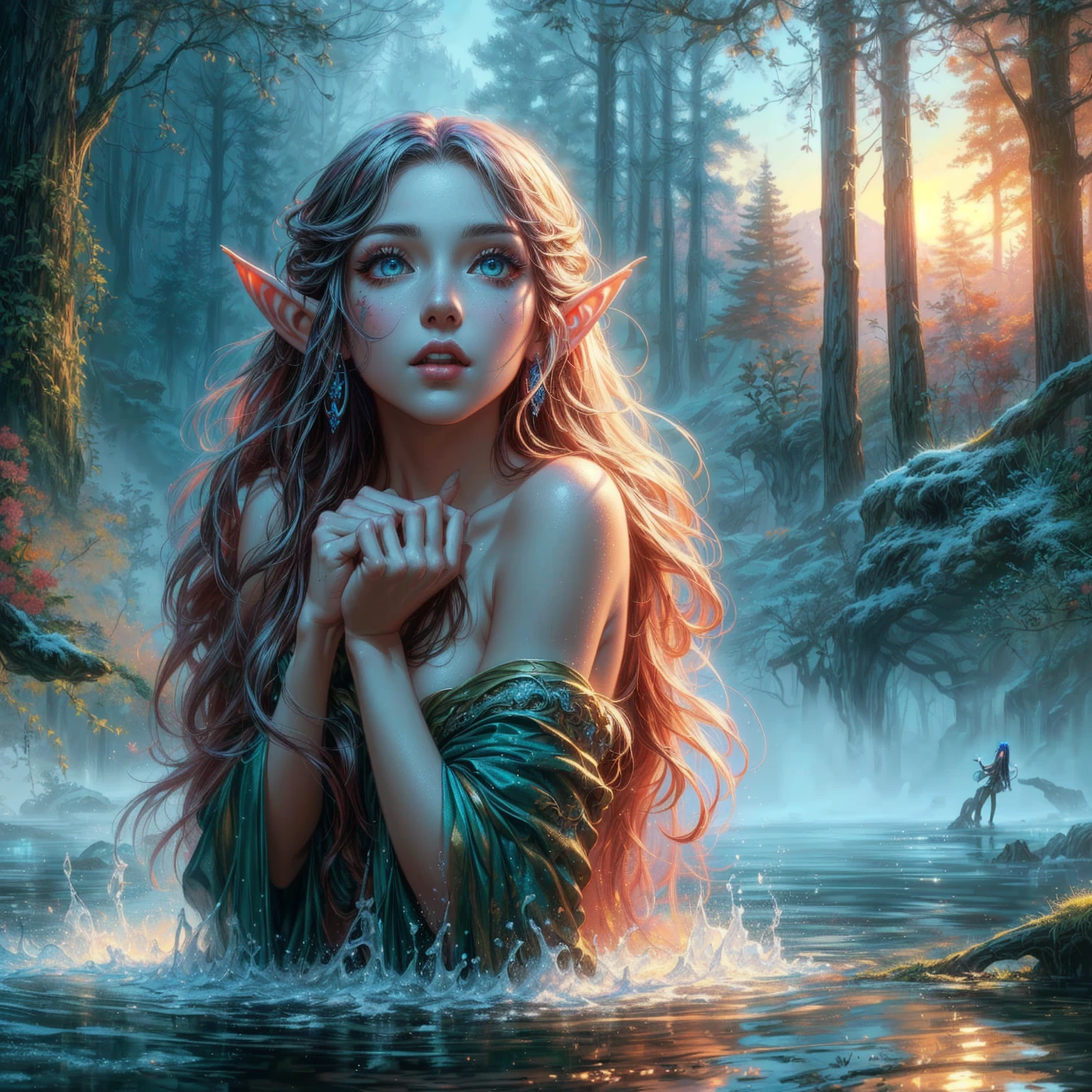 a woman with long blue hair and elf make-up stands in a stream, 4k fantasy art, detailed fantasy digital art, hyper-realistic fantasy art, Realistic fantasy artwork, beautiful fantasy art, HD-Fantasy-Kunst, detailed fantasy art, realistic fantasy painting, very beautiful fantasy art, digital art fantasy art, 4k highly detailed digital art, Detailed digital art in 4K, amazing fantasy art