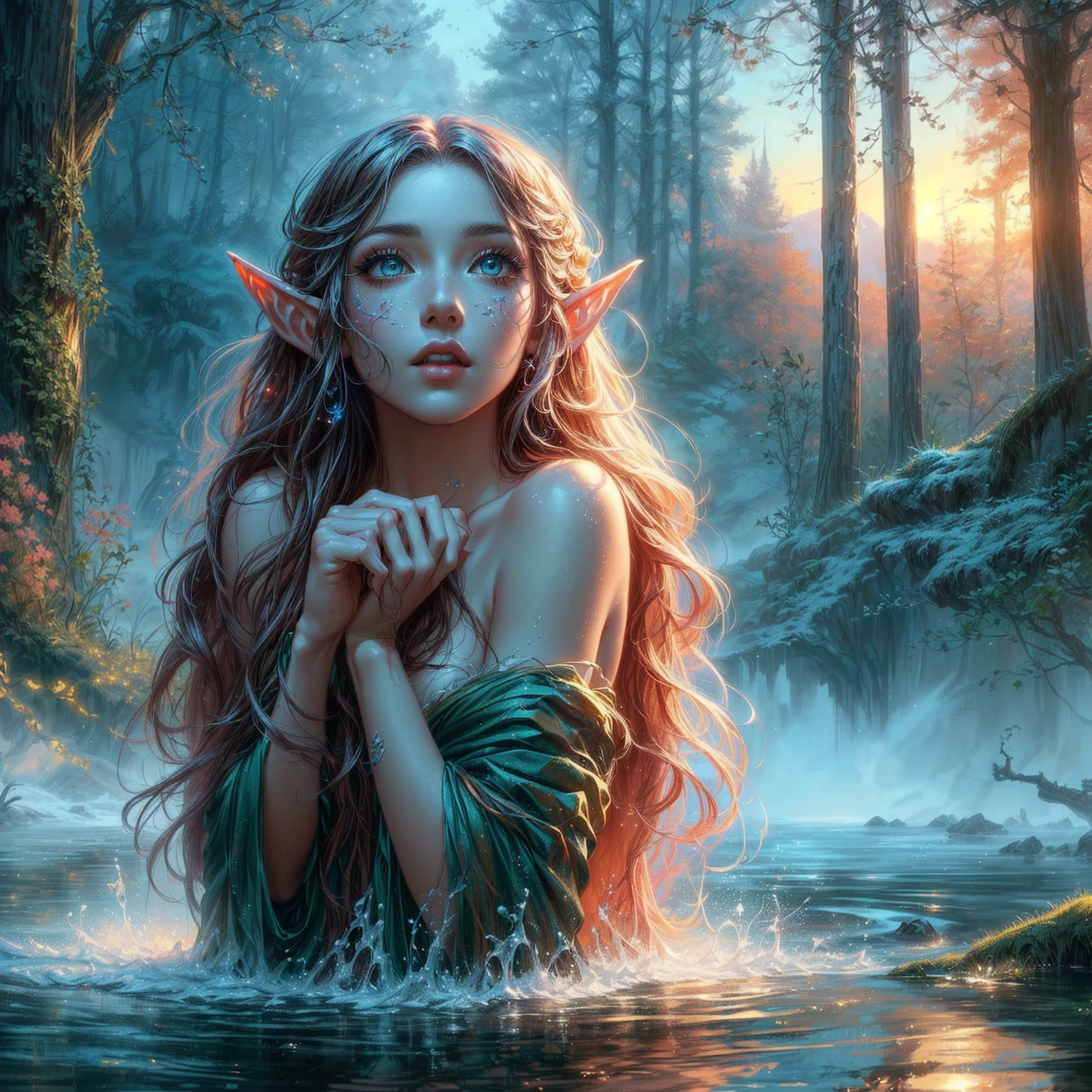 a woman with long blue hair and elf make-up stands in a stream, 4k fantasy art, detailed fantasy digital art, hyper-realistic fantasy art, Realistic fantasy artwork, beautiful fantasy art, HD-Fantasy-Kunst, detailed fantasy art, realistic fantasy painting, very beautiful fantasy art, digital art fantasy art, 4k highly detailed digital art, Detailed digital art in 4K, amazing fantasy art