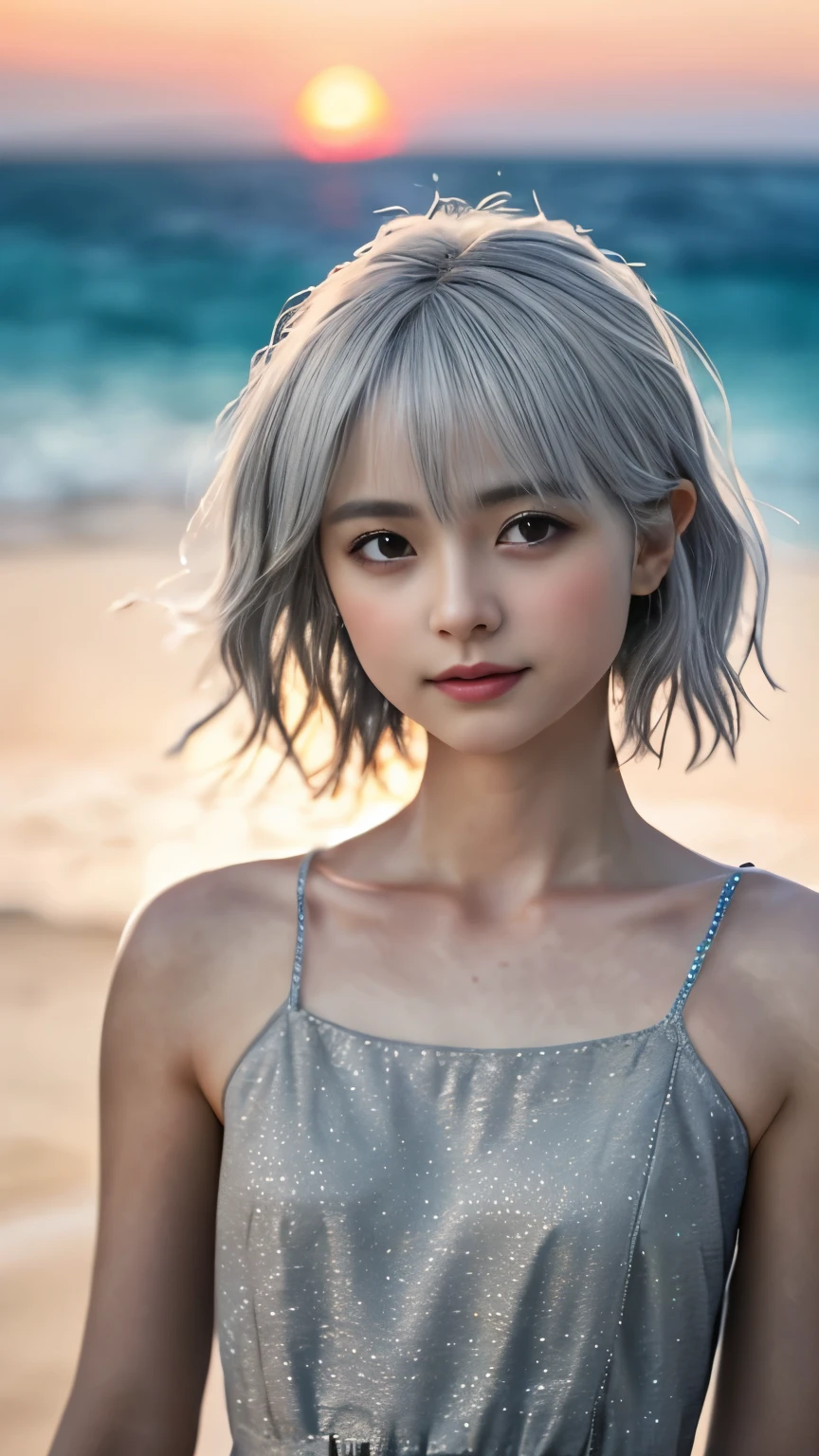 one girl、small face、cute face、ash gray hair:1.5、bobbed hair、short hair、Camera gaze、small breasts、An ennui look、(((camisole、dress)))、particles of light、Sunset Sea、calm sea、white sand beach、Very beautiful sunset、RAW photo、highest quality、High resolution、high resolution、master piece:1.3、8k、12k、professional photographer、