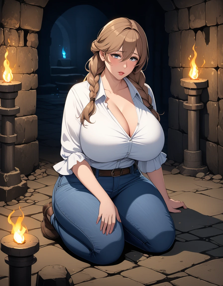 Masterpiece, hi res, absurdres, Best Quality, 4K, detailed, HD, solo, mature female, Mature face, late 30s, long braided hair, ligth Brown hair, huge breasts, saggy breasts, prominent lips, thick,, curvy, sitting in ground, hands on floor, white blouse,jeans, worried look, confused look, dungeon, ruined dungeon, dimly lit, blue torches, glowing runes in the floor, dirty look