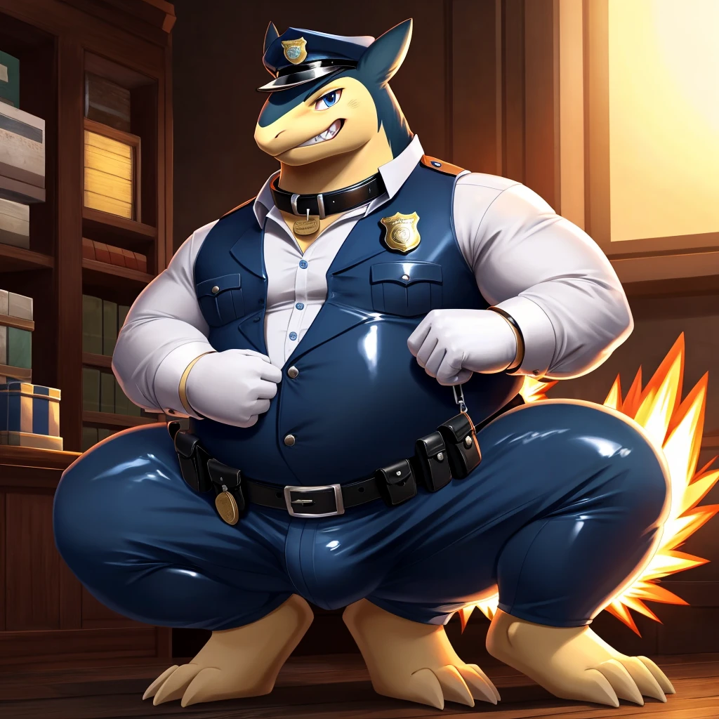 Solo, Male, fat, squatting, extremely obese, gentleman, dapper Typhlosion, blue eyes, (soft shading), 4k, hi res, ((detailed face, detailed)), looking at viewer, evil grin, police station, collared shirt with buttons, hat, male focus, Police Uniform, glasses, monocle, vest with buttons, sleeves rolled up, round eyewear, headwear, vest, Typhlosion is wearing a glossy leather dog collar around the neck, Typhlosion is wearing the leather collar and shirt and vest at the same time, Typhlosion is wearing glossy white rubber gloves on the hands, wearing white rubber gloves on the feet, Typhlosion is wearing glossy white cuffs around the wrists with cufflinks, gloves are rubber in texture, clenching teeth, clenching fists, leather collar is glossy and shiny with a lot of detail, Typhlosion is wearing gloves and cuffs and cufflinks at the same time, leather collar has a round dog-tag, leather collar is thick and detailed.