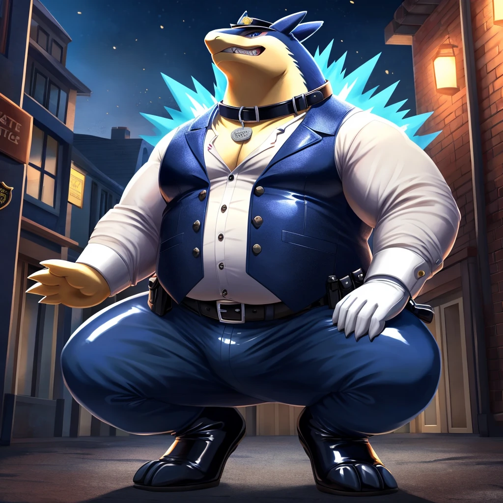 Solo, Male, fat, squatting, extremely obese, gentleman, dapper Typhlosion, blue eyes, (soft shading), 4k, hi res, ((detailed face, detailed)), looking at viewer, evil grin, police station, collared shirt with buttons, hat, male focus, Police Uniform, glasses, monocle, vest with buttons, sleeves rolled up, round eyewear, headwear, vest, Typhlosion is wearing a glossy leather dog collar around the neck, Typhlosion is wearing the leather collar and shirt and vest at the same time, Typhlosion is wearing glossy white rubber gloves on the hands, wearing white rubber gloves on the feet, Typhlosion is wearing glossy white cuffs around the wrists with cufflinks, gloves are rubber in texture, clenching teeth, clenching fists, leather collar is glossy and shiny with a lot of detail, Typhlosion is wearing gloves and cuffs and cufflinks at the same time, leather collar has a round dog-tag, leather collar is thick and detailed.