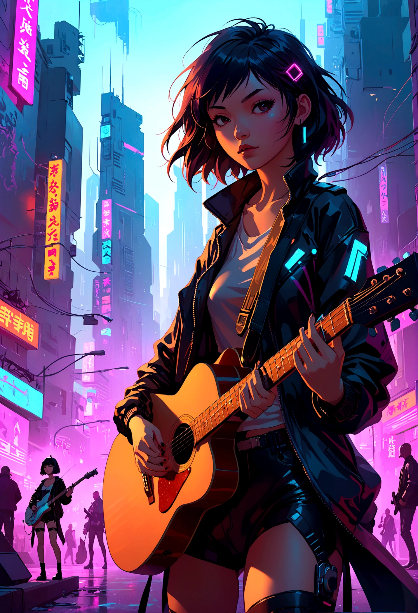 artistic representation of a woman with a guitar in a Cyberpunk city, 8K, ross tran style, non-style artwork by guweiz, not cyberpunk style, inspired by futurism, 4K anime-style, 坏蛋动漫8 K, inspired by cyberpunk, rBang Dream cartoon, the girl plays the guitar, doing a rock show