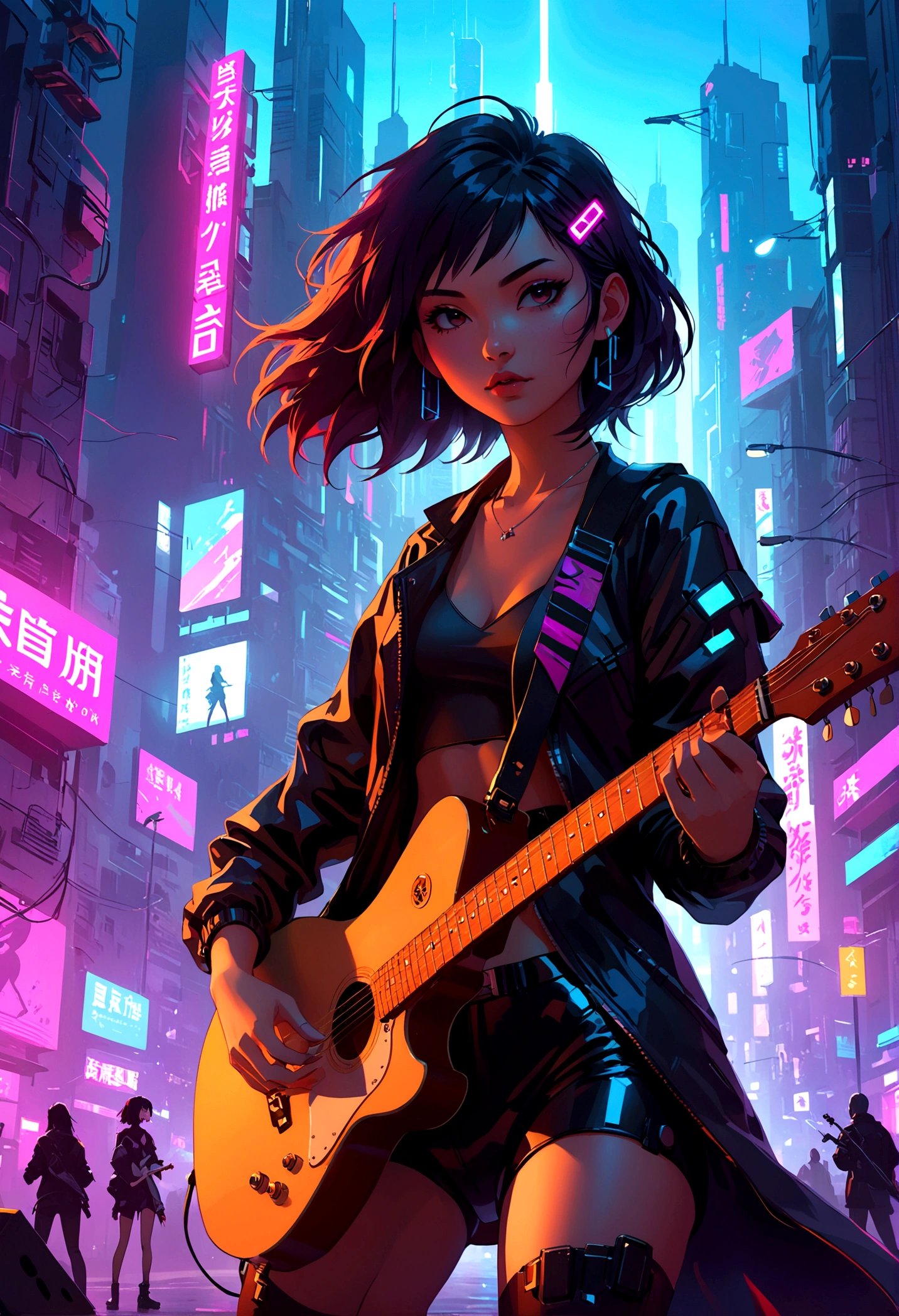 artistic representation of a woman with a guitar in a Cyberpunk city, 8K, ross tran style, non-style artwork by guweiz, not cyberpunk style, inspired by futurism, 4K anime-style, 坏蛋动漫8 K, inspired by cyberpunk, rBang Dream cartoon, the girl plays the guitar, doing a rock show