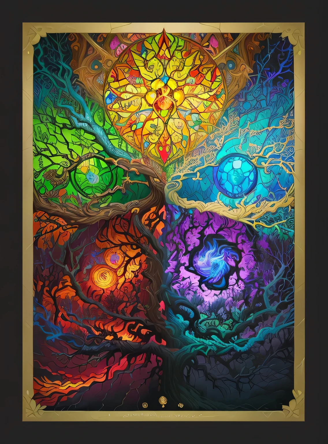 brightly colored stained glass artwork of a fantasy scene with a skull and a tree, dan mumford and alex grey style, stained glass tarot style, el bosco and dan mumford, magic the gathering art style, detailed game art, magic the gathering artstyle, fractal thunder dan mumford, fire stainglass, mtg art style, holy fire spell art, dan mumford and albert bierstadt