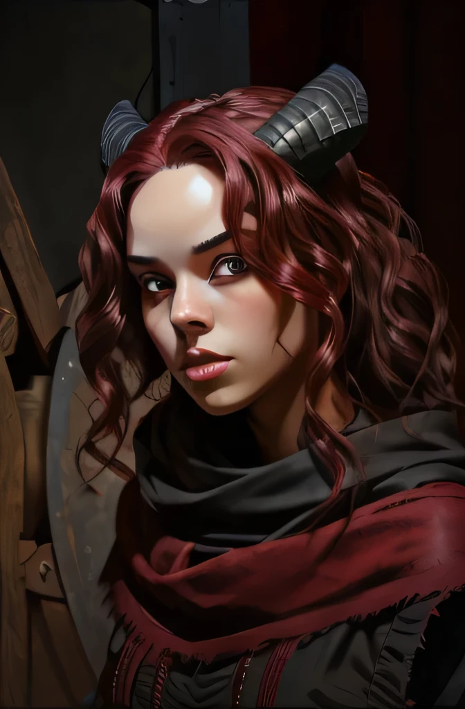 girl with short wavy wine red hair and black horns like a goat ,the color of her skin is brunette, your clothes cover your entire body, and their are red eyes, and it&#39;s in a forest, and is wearing medieval brown leather armor with a bow on his back, There&#39;s a white wolf by your side.
