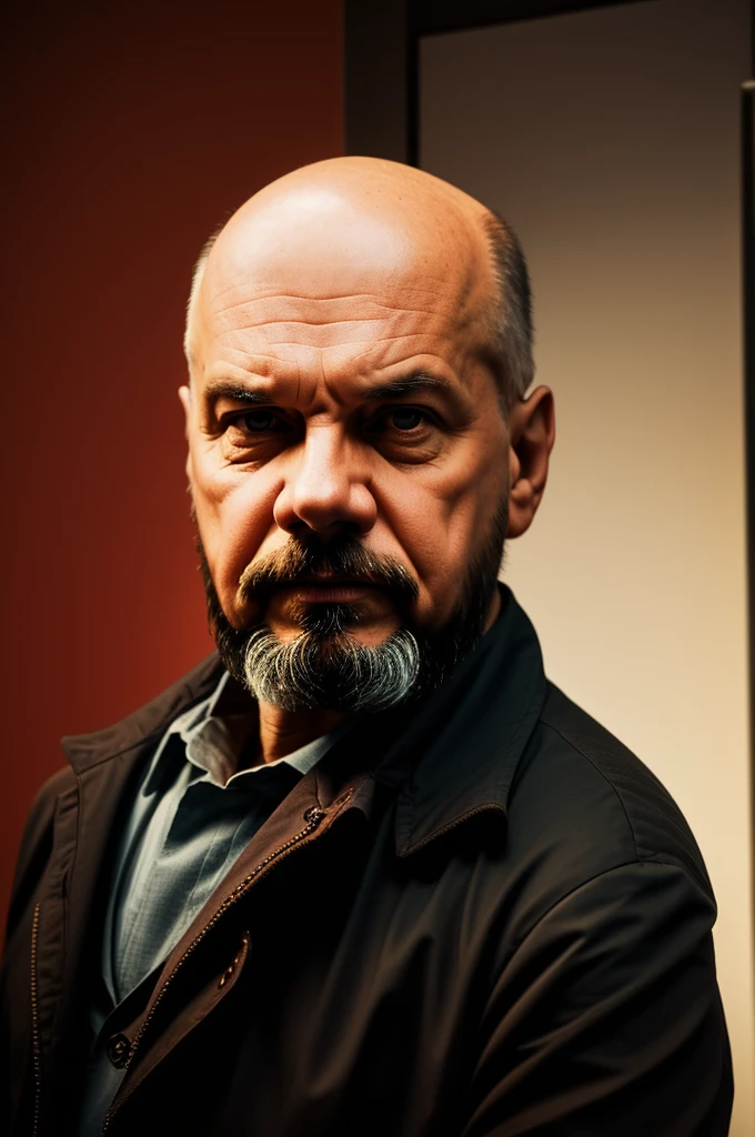 Lenin, middle aged man with short beard, serious expression, bald, Lenin в окружении мелкой буржуазии, Lenin говорит, Oil painting, dark colors, dramatic lighting, Chiaroscuro, high contrast, Photorealism, masterpiece, 8K, hyperdetailing, Sharp Focus, cinematic composition, moody atmosphere, dramatic shadows, Warm colors, cool colors