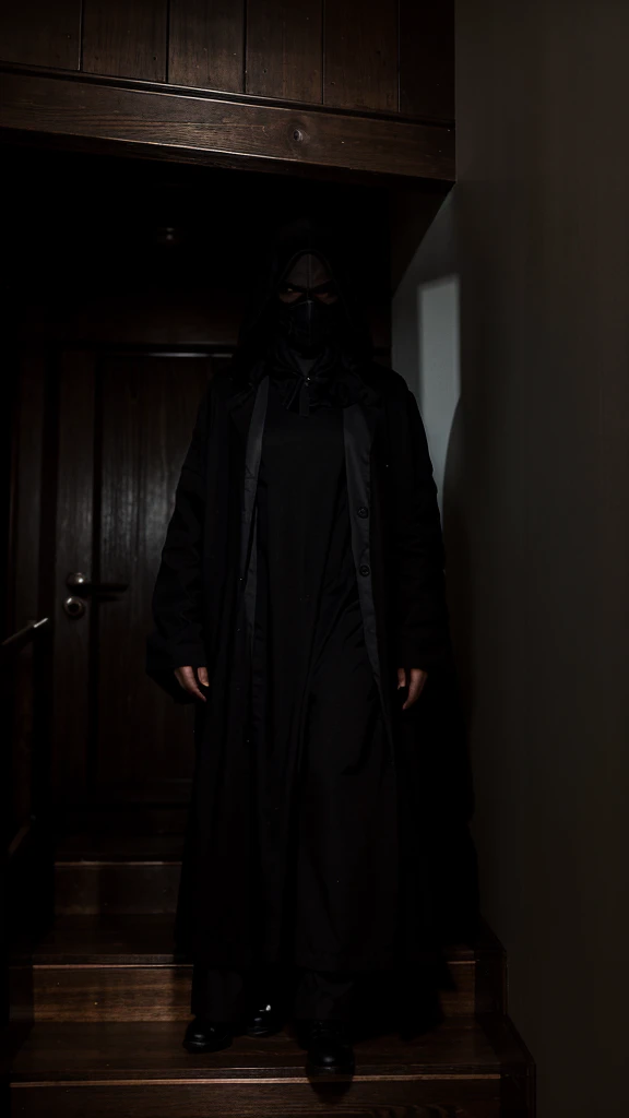 A dark, shadowy figure stands ominously at the top of a narrow wooden staircase. The woman&#39;s face, full of terror, is illuminated by the dim light of a nearby window as she stands at the base of the stairs, looking up at the figure. The hallway is dark, with the only light coming from the moonlight filtering through the windows.