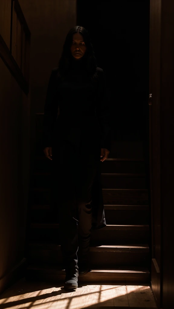 A dark, shadowy figure stands ominously at the top of a narrow wooden staircase. The woman's face, full of terror, is illuminated by the dim light of a nearby window as she stands at the base of the stairs, looking up at the figure. The hallway is dark, with the only light coming from the moonlight filtering through the windows.
