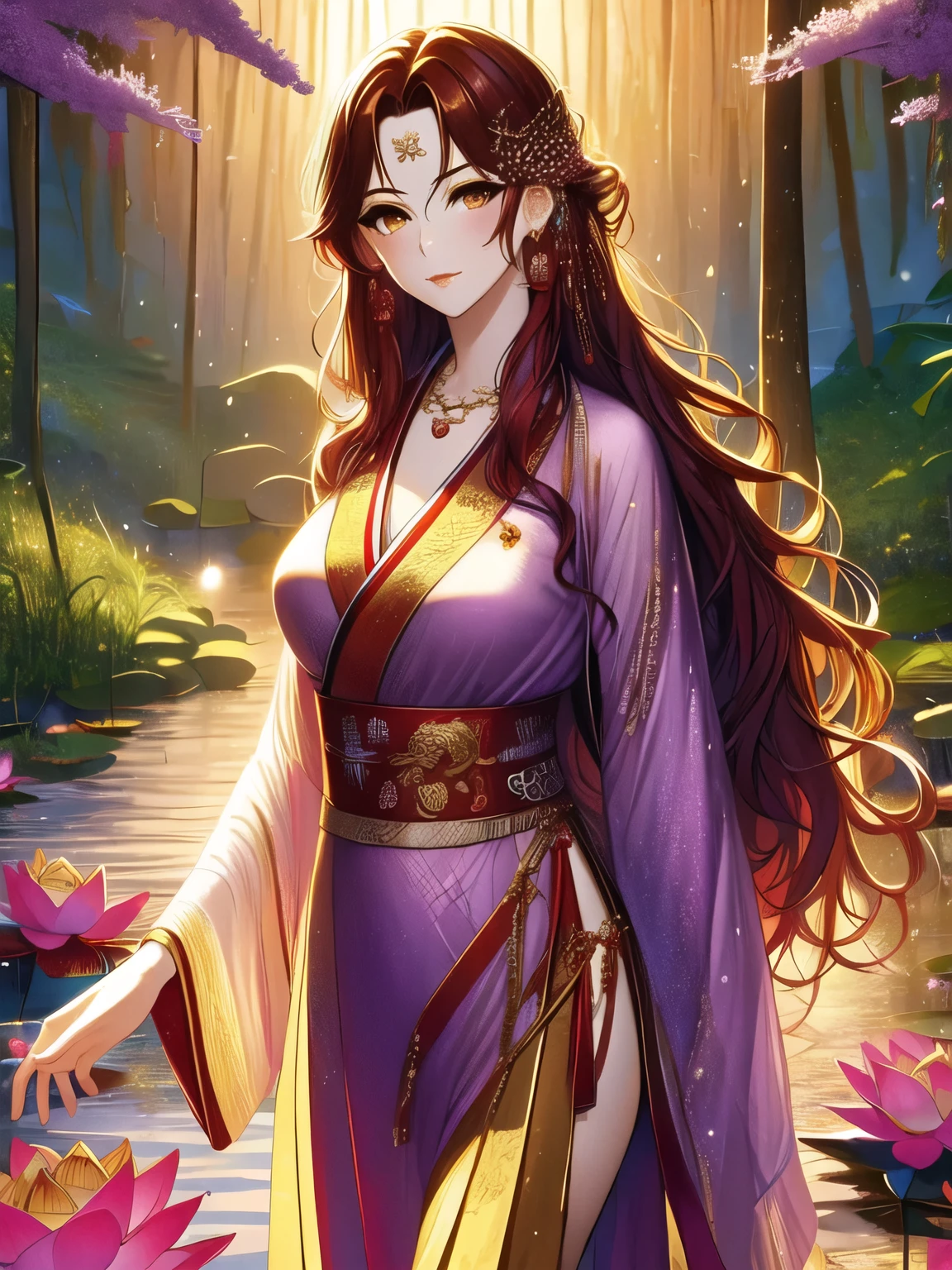 Best Quality, Ultra High Definition, (((1 Girl))), (Long Red Wavy Hair), (Golden Eyes), (Chinese Clothes), (((Purple Lotus Necklace Around Her Neck))), (Ultra Long Skirt ) , Hanfu, River, jewelry, (focus), (((Colorful))), particle fx , tmasterpiece, Best quality, beautiful painting, meticulous, very detailed, (masterpiece, Best quality best uniform） CG 8K wallpaper ，(( walk in the forest)), tmasterpiece，Best quality，ultra detailed）, Super HD image quality