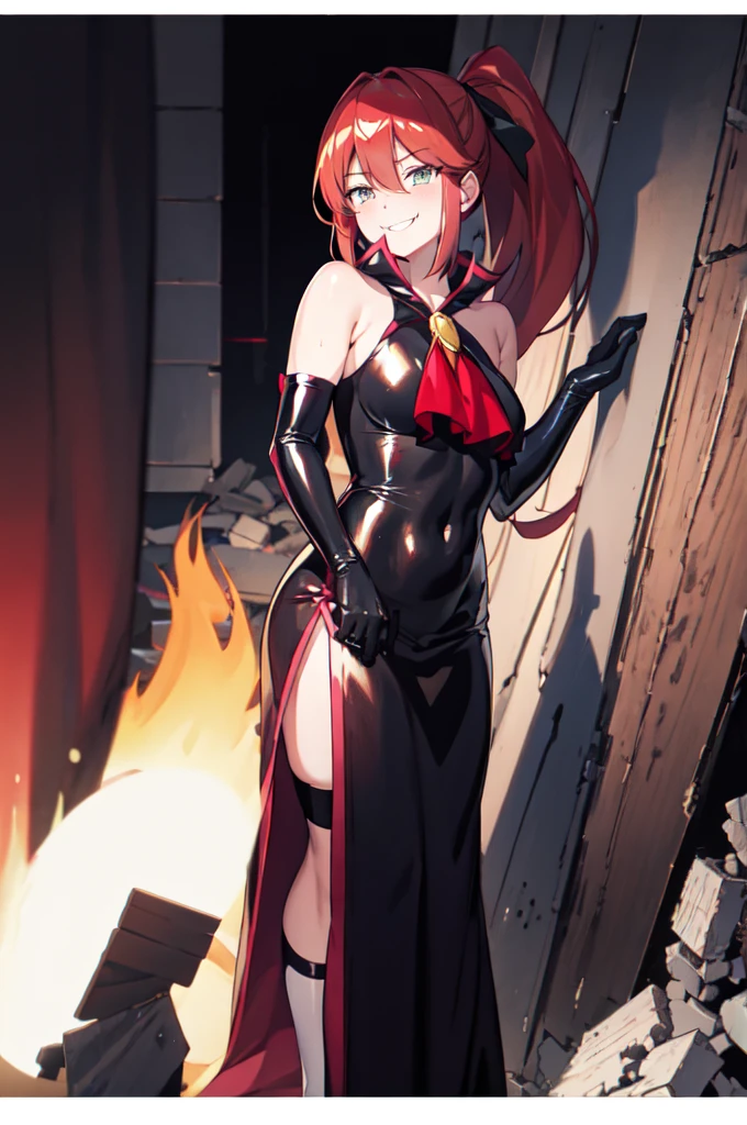 Highest quality, masterpiece, One Girl,Not beautiful, Red Ponytail, Long dress, brooch, Hair Ribbon, - Elbow hand pockets, Black knee socks, Standing on the rubble,  (Wicked Smile:1.1), ,,Dark shadowed face,Sadistic smile,Malice,Contempt,smile,latex,Bad face,,Red Skirt,two hands,two legs,five fingers,evil background,elbow gloves,latex, Wicked Smile, devilish aura (Shiny fabric:1.5),Dark world background,独奏,feet,


