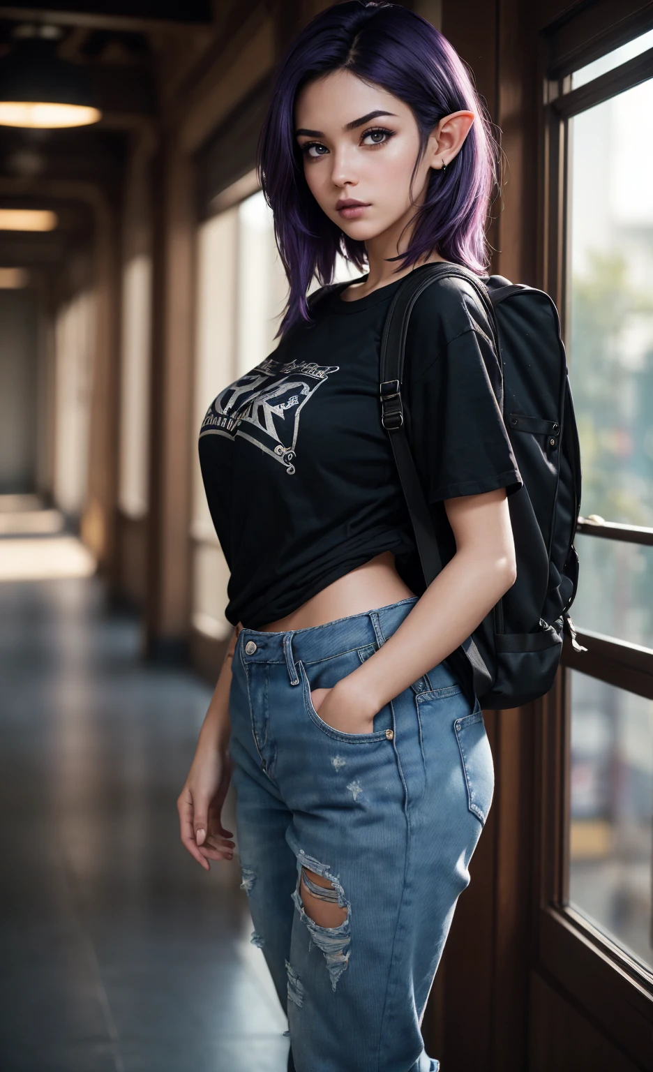 (masterpiece), (extremely intricate:1.3), (realistic), portrait of a girl, huge and perfect breasts, the most beautiful in the world, dark eyebrows, bright purple hair, short very shaggy and messy hair, almond eyes, annoyed pout, blushing heavily, (oversized baggy goth t-shirt), (cuffed baggy jeans), (converse sneakers), (backpack), elf ears, pale skin, detailed textures, indoors, bright sunlight, classroom hallway, professional photograph of a stunning woman detailed, looking at the camera, alluring stare, detailed eyes, sharp focus, dramatic, award winning, cinematic lighting, octane render  unreal engine,  volumetrics dtx, (film grain, blurry background, blurry foreground, bokeh, depth of field, motion blur:1.3)