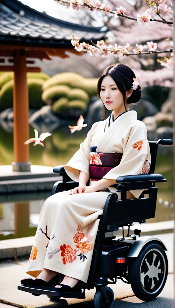 A highly photorealistic image of a beautiful Japanese girl sitting in a luxurious electric wheelchair that looks like a plush, comfortable sofa. She has long, flowing black hair and wears a traditional kimono with intricate patterns. The background features a serene Japanese garden with cherry blossom trees in full bloom, a stone lantern, and a koi pond. The girl looks serene and content, blending the beauty of traditional Japanese culture with the inclusivity of modern times.