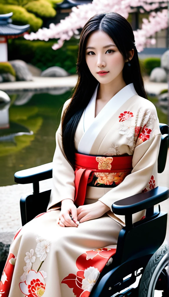 A highly photorealistic image of a beautiful Japanese girl sitting in a luxurious electric wheelchair that looks like a plush, comfortable sofa. She has long, flowing black hair and wears a traditional kimono with intricate patterns. The background features a serene Japanese garden with cherry blossom trees in full bloom, a stone lantern, and a koi pond. The girl looks serene and content, blending the beauty of traditional Japanese culture with the inclusivity of modern times.