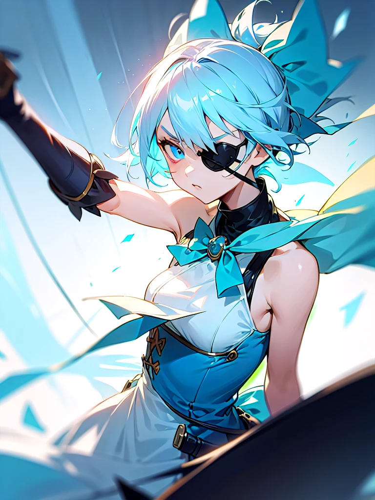1 girl, light blue hair, light hair hair, sharp eyes, light blue eyes, sleeveless combat dress, bow, serious look, masterpiece, high quality, fantasy eyepatch, unique eyepatch, short hair, short hair
