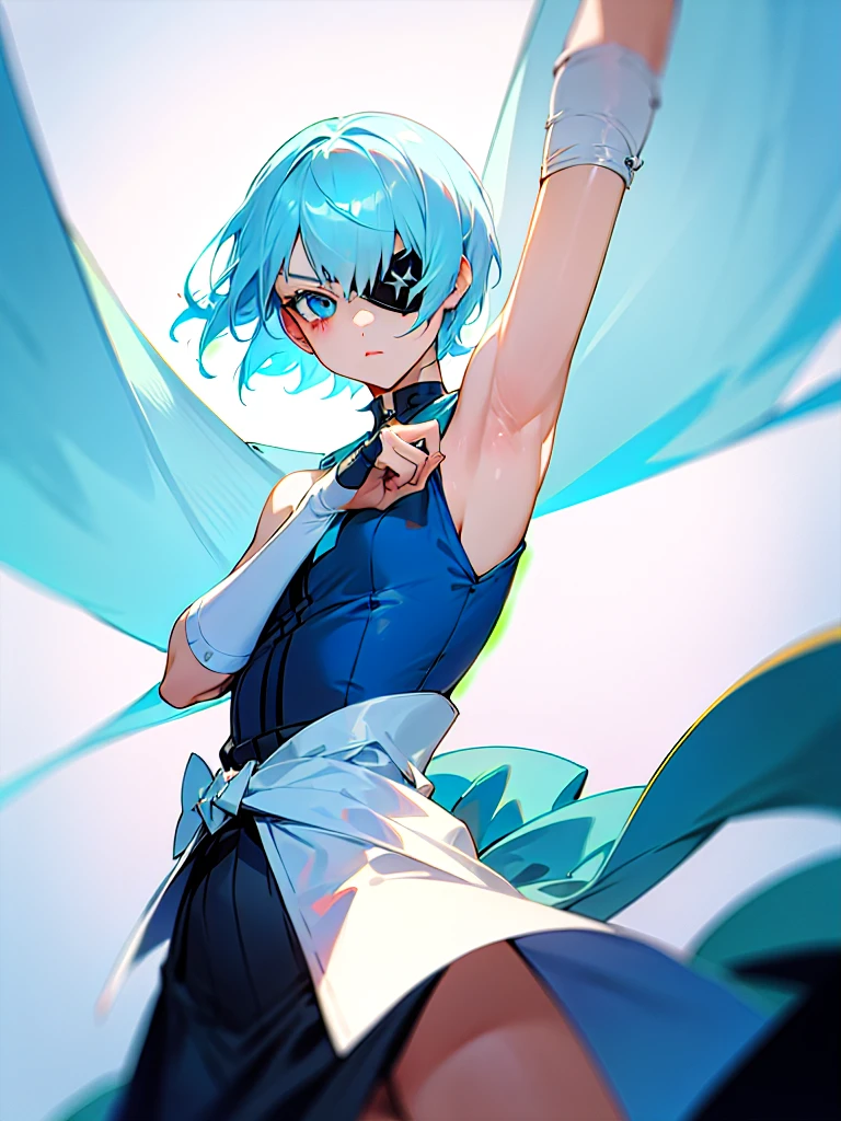 1 girl, light blue hair, light hair hair, sharp eyes, light blue eyes, sleeveless combat dress, bow, serious look, masterpiece, high quality, fantasy eyepatch, unique eyepatch, short hair, short hair