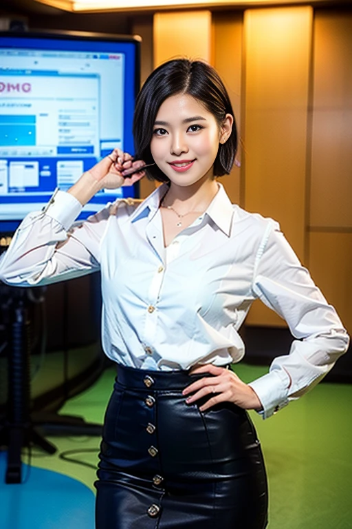 (A beautiful Japanese weathercaster lady, age 28, wearing formal White shirt with buttons & cyan pencil skirt, in a news studio setting, friendly and feminine expressions, kind smile, dimpled chins, cute snaggle-tooth, short bob hair ponytail, symmetrical face, realistic detailed face, beautiful detailed eyes, perfect body proportions, ample round bosoms, photorealistic, hyper-realism, high contrast, ultra HD, realistic skin textures, top image quality, top-quality, super high resolution, fine details, very meticulously, masterpiece, head to knees, serene ambience, The_Cowboy_Shot, bokeh background)