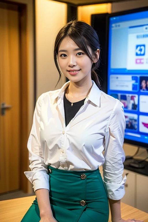 (A beautiful Japanese weathercaster lady, age 28, wearing formal White shirt with buttons & cyan pencil skirt, in a news studio setting, friendly and feminine expressions, kind smile, dimpled chins, cute snaggle-tooth, short bob hair ponytail, symmetrical face, realistic detailed face, beautiful detailed eyes, perfect body proportions, ample round bosoms, photorealistic, hyper-realism, high contrast, ultra HD, realistic skin textures, top image quality, top-quality, super high resolution, fine details, very meticulously, masterpiece, head to knees, serene ambience, The_Cowboy_Shot, bokeh background)