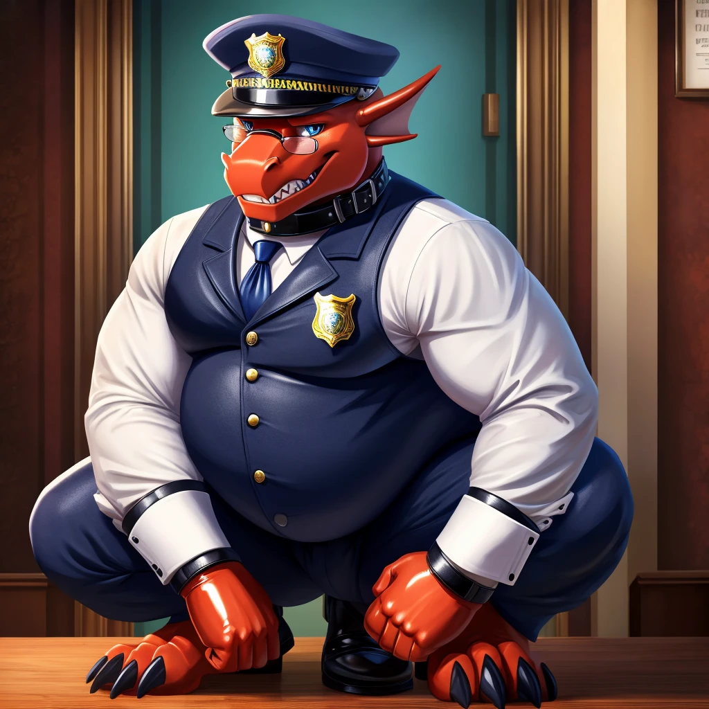 Solo, Male, fat, squatting, extremely obese, gentleman, dapper Dragon, blue eyes, (soft shading), 4k, hi res, ((detailed face, detailed)), looking at viewer, evil grin, police station, collared shirt with buttons, hat, male focus, Police Uniform, glasses, monocle, vest with buttons, sleeves rolled up, round eyewear, headwear, vest, Dragon is wearing a glossy leather dog collar around the neck, Dragon is wearing the leather collar and shirt and vest at the same time, Dragon is wearing glossy white rubber gloves on the hands, wearing white rubber gloves on the feet, Dragon is wearing glossy white cuffs around the wrists with cufflinks, gloves are rubber in texture, clenching teeth, clenching fists, leather collar is glossy and shiny with a lot of detail, Dragon is wearing gloves and cuffs and cufflinks at the same time, leather collar has a round dog-tag, leather collar is thick and detailed.