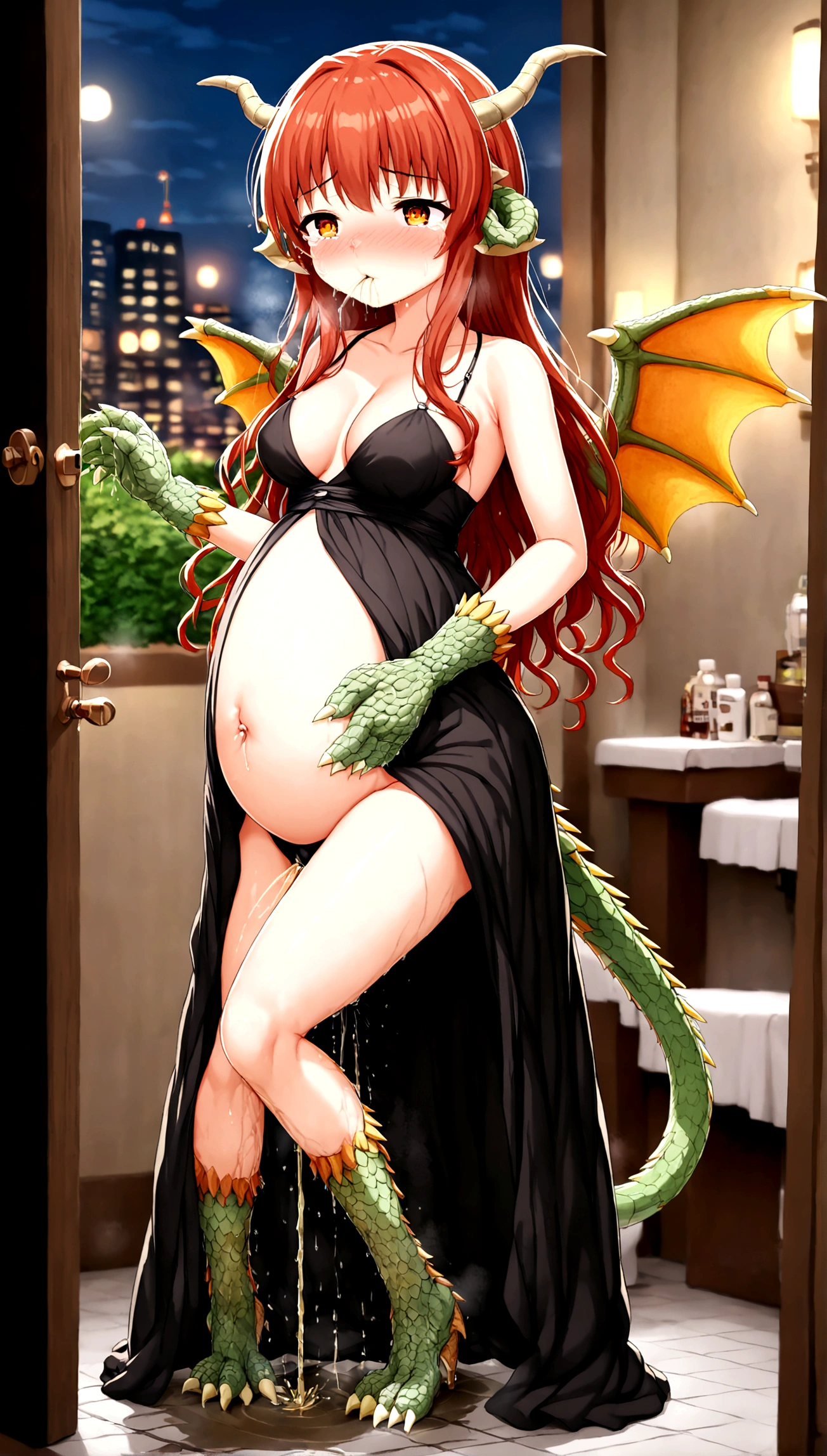 Anime. 1 Girl. Cutie. The girl is a dragon. Red hair. Long hair. Amber eyes. Beautiful eyes. Perfect eyes. Expressive eyes. Ideal face. Ideal anatomical body. Dragon horns. Scaly hands. Clawed hands. Long legs. Scaly legs. Clawed feet. Dragon wings. Dragon tail. tail. Dressed in an evening dress. High heel shoes. Beautiful body. Beautiful nose. 18 years. Medium breasts. Pregnant. Period. Holding dirty panties in his hands. The crotch is covered in blood. Her water broke. Embarrassment. Blush. Beautiful character design. Shiny skin. She wants to sneeze. She needs to sneeze. She has a strong, desperate urge to sneeze. Fire breath. She sneezes. She sneezes with fiery breath. Runny nose. Mucus from the nose. Snot. Slpli is running from the nose. Blows his nose. He wipes his nose with his dirty underpants. She wants to pee. She needs to pee. She has a strong, desperate urge to pee. She described. Tears on eyes. Cry. Snot flows from the nose. City. Street. Restaurant. Heading to the toilet. Standing at the door to the toilet. Waiting for it to cool down. Whole body. nsfw. Official art. Extremely detailed CG Unity 8k wallpaper. Ideal lighting. Ultra high resolution 4K. Super detailed 8K. A high resolution.