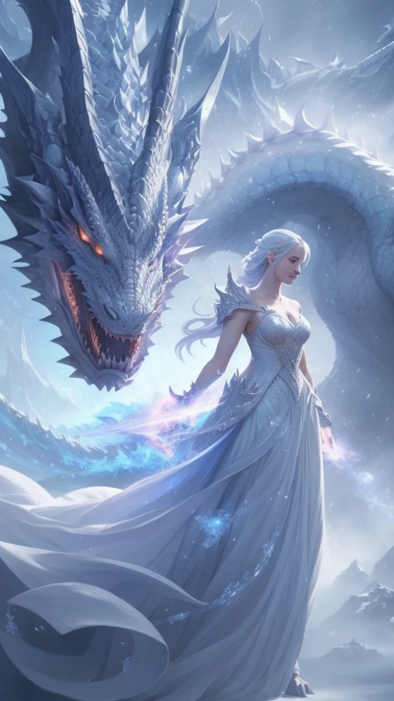 a woman in a white dress next to a dragon, ice and fire, Queen of Dragons, queen of ice and storm, detailed fantasy art, fantasy art style, epic fantasy art style hd, epic fantasy art style, amazing fantasy art, fantasy illustrations, highly detailed fantasy art, beautiful fantasy art, breathtaking fantasy art, realistic fantasy illustration, 4k fantasy artwork