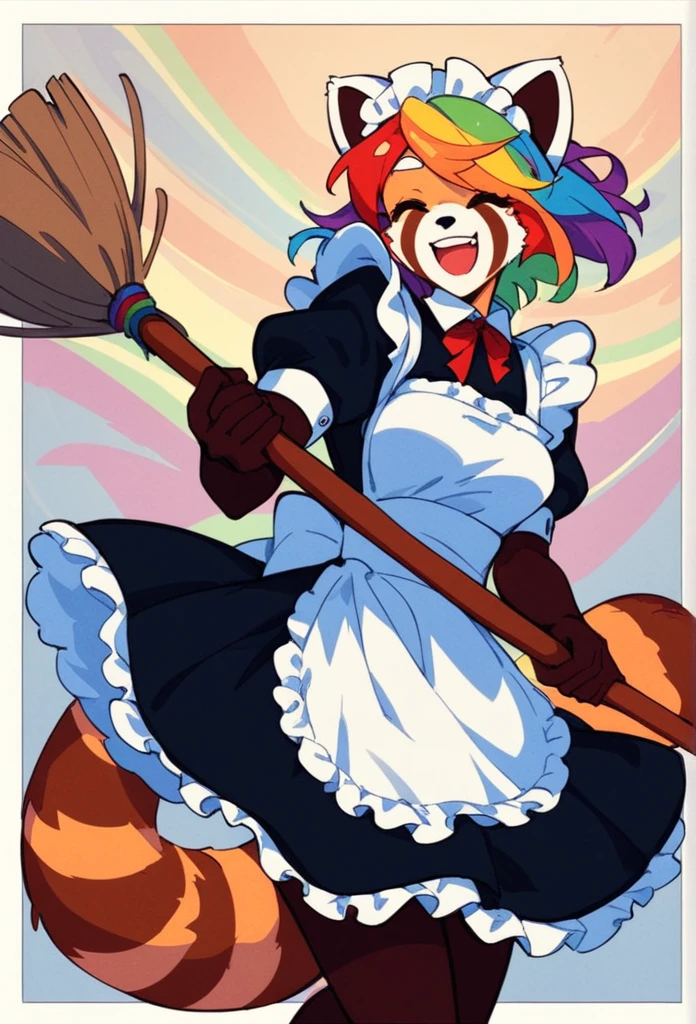 score_8_up,( score_4_up:-0.2), woman, red panda, rainbow hair, perfect body, happy, feminin, maid, hold a broom like a weapon