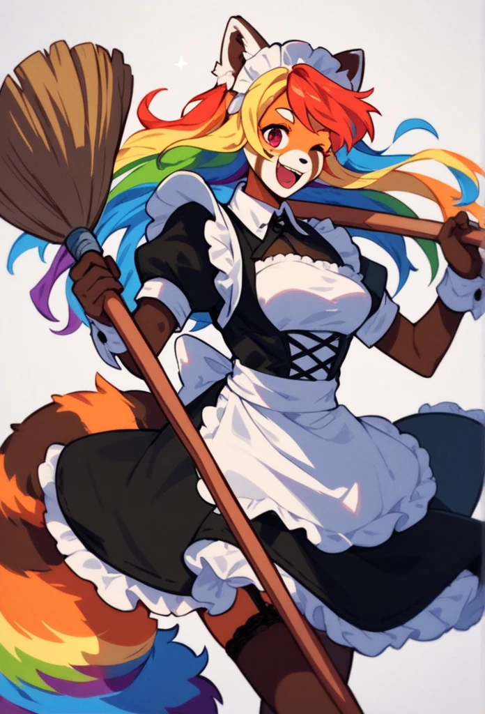 score_8_up,( score_4_up:-0.2), woman, red panda, rainbow hair, perfect body, happy, feminin, maid, hold a broom like a weapon