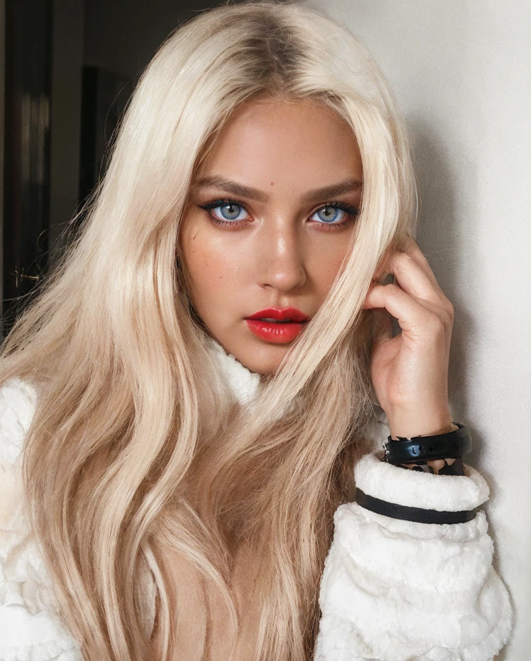 A beautiful girl with ultra-detailed eyes, high-detailed skin, red lips, masterpiece, best quality, 8k, hyperrealistic, photorealistic, professional, vivid colors, studio lighting
