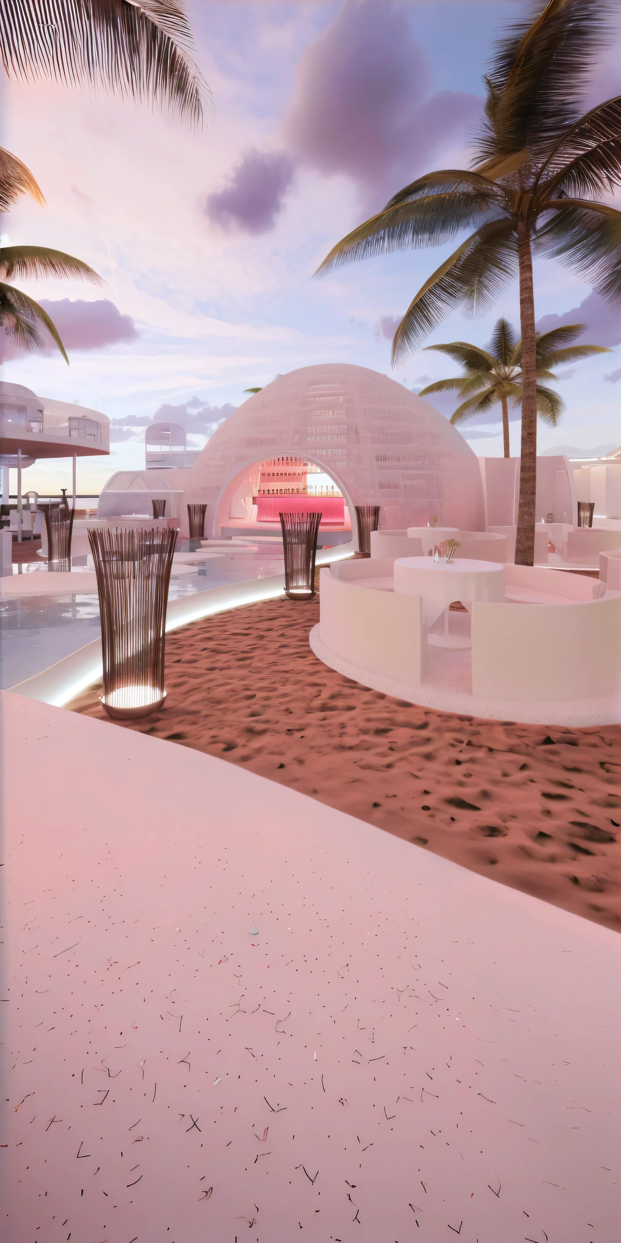 （masterpiece, best quality, high quality, Extremely detailed CG Unity 8K wallpaper, Realistic photos, Depth of Field）, There is a white building，There is a swimming pool and a bar in the middle, beach bar, Ibiza dance inspiration, futuristic marrakech, In a futuristic desert palace, seashell house, Futuristic Dome, a Digital Renderinging, In the seaside environment, futuristic marrakech morocco, Detailed scenario, V-Ray, V-Ray, Digital Renderinging, Digital Rendering, Futuristic Background