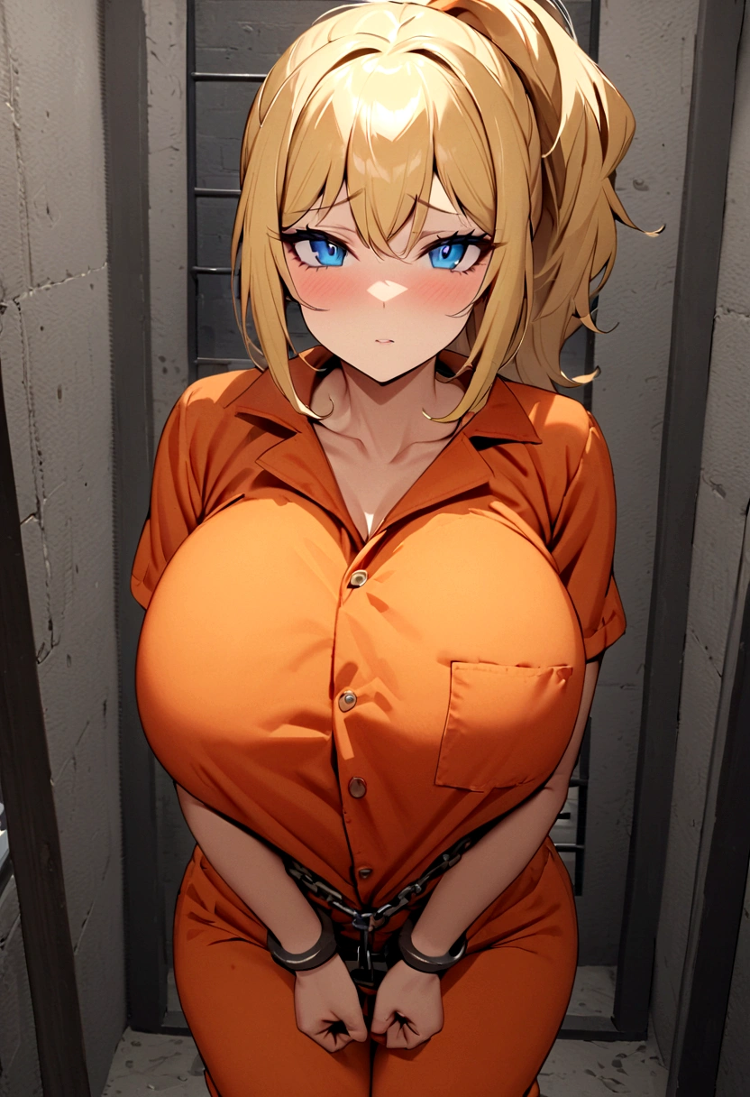 mugshot, view the viewer, Huge breast, prisoner, prison girl, jailed, prisoned, orange prison jumpsuit, Handcuffed, Restrained, shackle, domina, jail cell, lock, long blonde hair, blue eyes, ponytail 