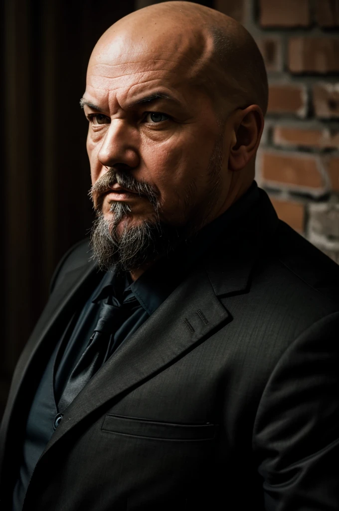 Lenin, middle aged man with short beard, serious expression, bald, Lenin в окружении мелкой буржуазии, Lenin говорит, Oil painting, dark colors, dramatic lighting, Chiaroscuro, high contrast, Photorealism, masterpiece, 8K, hyperdetailing, Sharp Focus, cinematic composition, moody atmosphere, dramatic shadows, Warm colors, cool colors