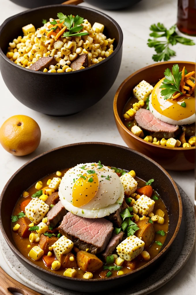 Create a background dish, but in the middle place a thin layer of stew and on top of the lamb meats, pork and guinea pig and in the sima put a crispy orange sweet potato On the side place spheres of rocoto And on the other side put cocktail potatoes and place a crispy corn