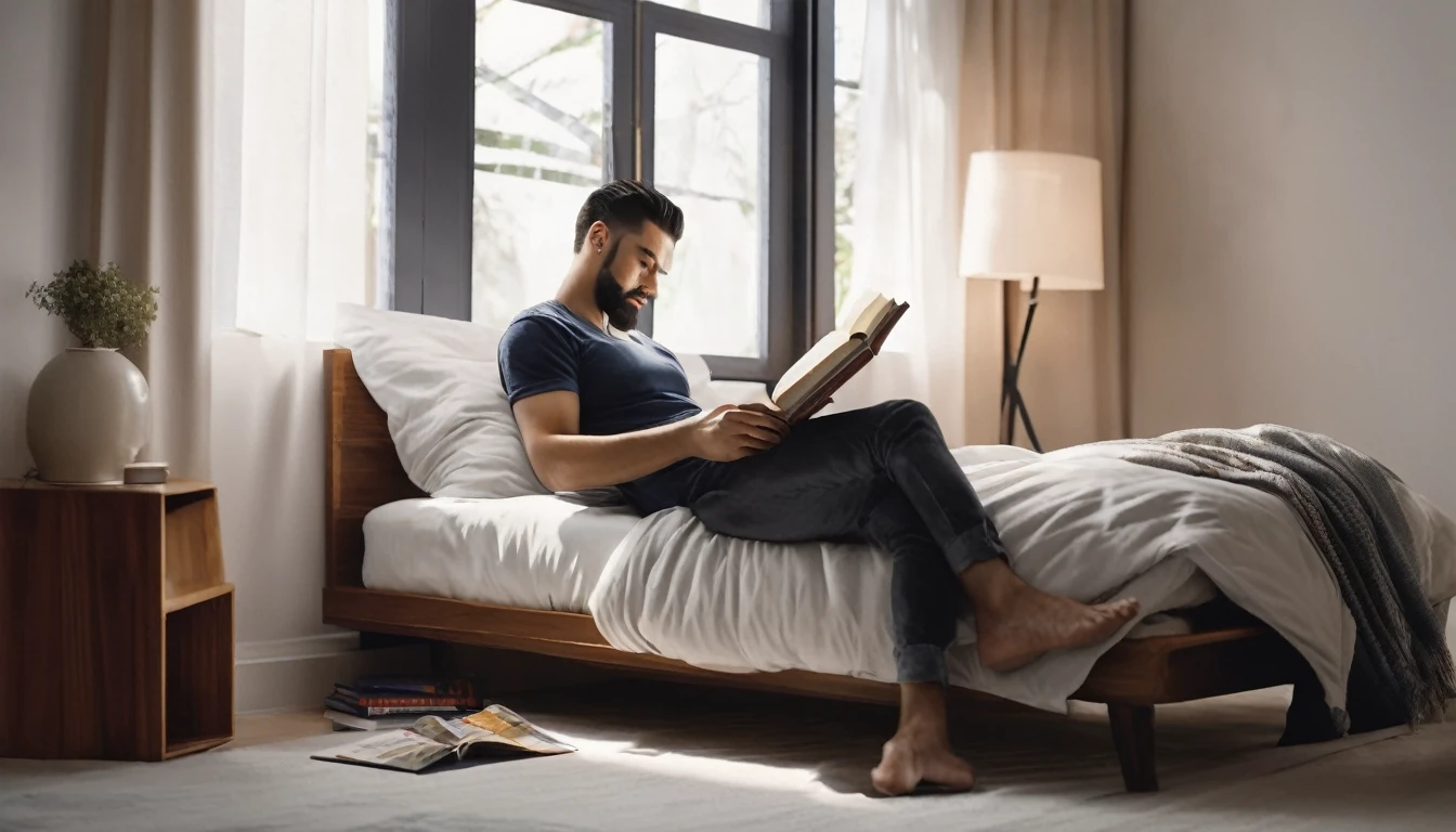 A man reading a book while laying on bed, head on pillow, realistic 90 degrees side profile photoshoot, 8K, perfect anatomy, hyper realism