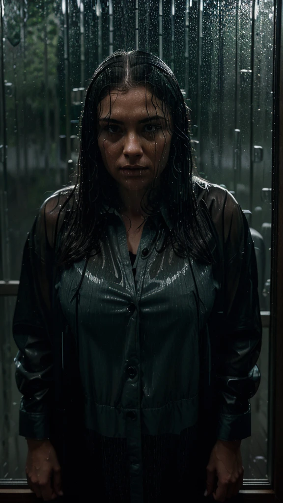 A rainy night scene with heavy raindrops hitting the large cabin window. The woman, with an expression of fear and tension, Looks through the rain-scratched glass. Do lado de fora, a shadowy, vague figure stealthily moves among the dense trees, partially obscured by heavy rain