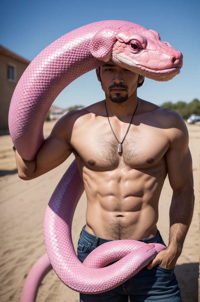 A man representing a pink snake
