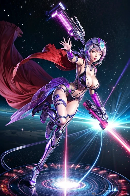 Luciwilde is a sexy cyborg with a entirely electric purple metallic body(obviously mechanical), metal helmet stylized as a fashion model hairdo (no hair visible), and a completely human face. She is flying through space propelled by jets in her feet. She has a guitar with a laser rifle built into it. Full body shot, show all of her, action pose with her weapon, best quality, extreme attention to detail, beautiful face