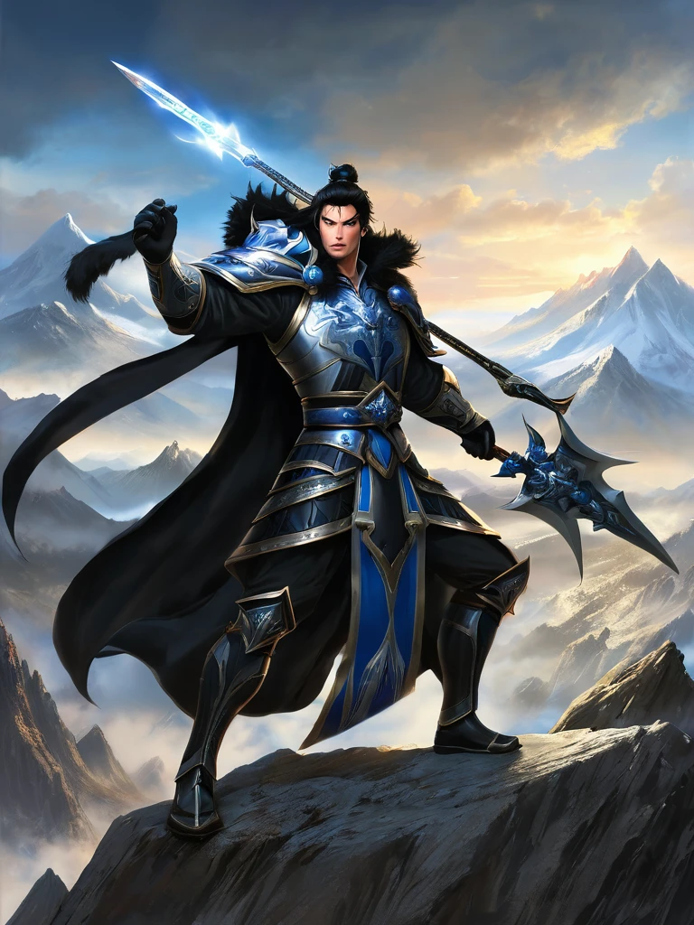 Masterpiece,best quality,Highly detailed,very detailed, Digital Artwork, Levi Buman, holding a halberd to pierce the sky, focus man, alone, Long shot, full body, black hair,blue eyes, mountain, With a beast-face belt, wearing black armor,Wear a black fur cloak, electricity, fighting posture, Embedded, glove, outdoor, black coat, from the side