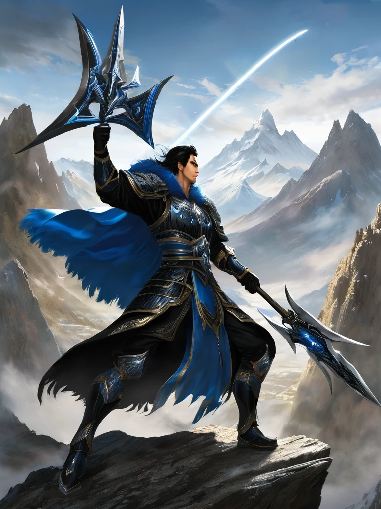 Masterpiece,best quality,Highly detailed,very detailed, Digital Artwork, Levi Buman,  holding a halberd to pierce the sky, focus man, alone, Long shot, full body,  black hair,blue eyes, mountain, With a beast-face belt, wearing black armor,Wear a black fur cloak, electricity, fighting posture, Embedded, glove, outdoor, black coat, from the side 