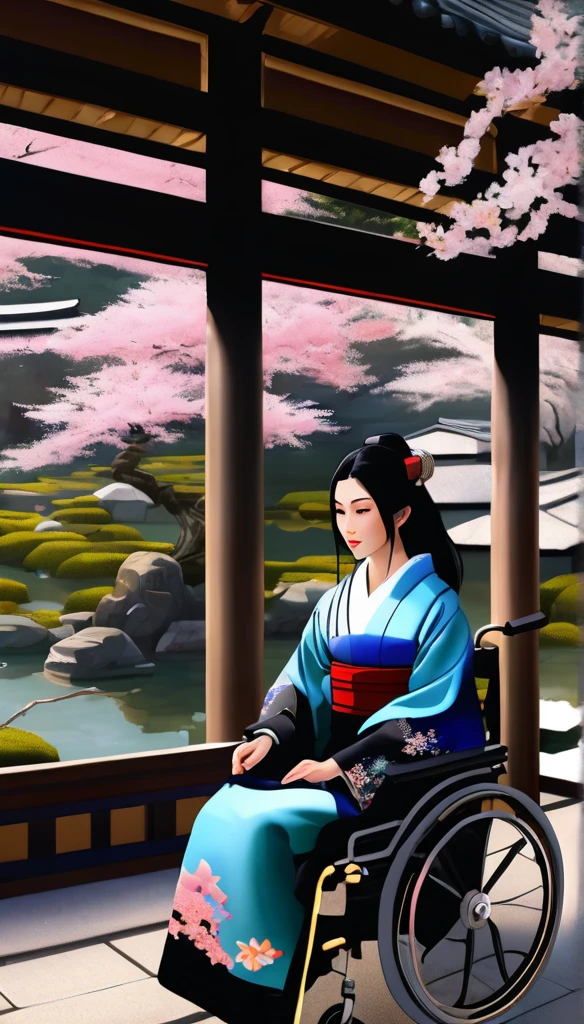 A highly photorealistic image of a beautiful Japanese girl sitting in a luxurious electric wheelchair that looks like a plush, comfortable sofa. She has long, flowing black hair and wears a traditional kimono with intricate patterns. The background features a serene Japanese garden with cherry blossom trees in full bloom, a stone lantern, and a koi pond. The girl looks serene and content, blending the beauty of traditional Japanese culture with the inclusivity of modern times.