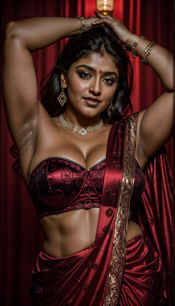 Looks like Nayanthara, milf, cougar lady witch, horny Gothic milf, 50 years old gorgeous mature lady, pervert demoness, demoness of lust, curvy, black lips, horny face, extremely gorgeous, thick figure, heavy physique, voluptuous, curvy, sexy figure, Fashionable portrait of androgynous alien looking witch wearing veil, glowing eyes, futuristic design, minimal details, givenchy, photoreal, 200mm, hd, f/ 2.0, highly detailed, surreal, sexy beautiful evil woman, sexy bold sequin Saree with strapless Bra, chudail, Pishachini, horror genre, blood-thirsty enchantress, powerful female spirit, eerie, drop dead, in the style of red and blue, (intricate details, hyperdetailed:1.15) (skin texture:1.2), dark Moody tone, cinematic lighting, haunted place in background,