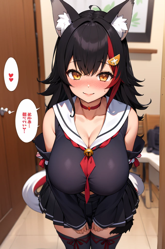 miosha1, hair ornament, wolf tail, red choker, black shirt, sailor collar, detached sleeves, black skirt, pleated skirt, white thighhighs, midriff, bell, rope,indoor,smile,looking viewer,standing,huge breasts,,(spoken heart),blush,cleavage