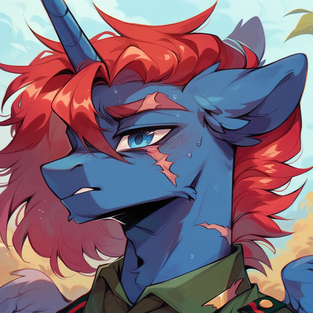 Male alicorn pony, black fur, long red hair, deep blue eyes, red feathers on wings, scar over left eye, red striping, vietnam-era army uniform, in a Vietnamese town, sweating, close-up portrait 