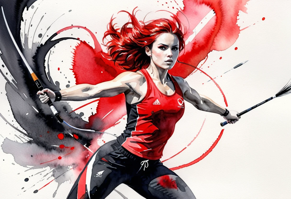 (( a black and white and red watercolor art: 1.5)) a watercolor portrait of woman throwing javelin in the Olympics, a woman, dynamic hair color, dynamic hair style, (most beautiful face: 1.3), (ultra detailed face: 1.4), ((holding javelin ready to throw: 1.5)),   ((wearing athletic shirt, pants and sneakers: 1.2)), ibrant, Ultra-high resolution, High Contrast, (masterpiece:1.5), highest quality, Best aesthetics), best details, best quality, highres, 16k, [ultra detailed], masterpiece, best quality, (extremely detailed), Cinematic Hollywood Film, watercolor