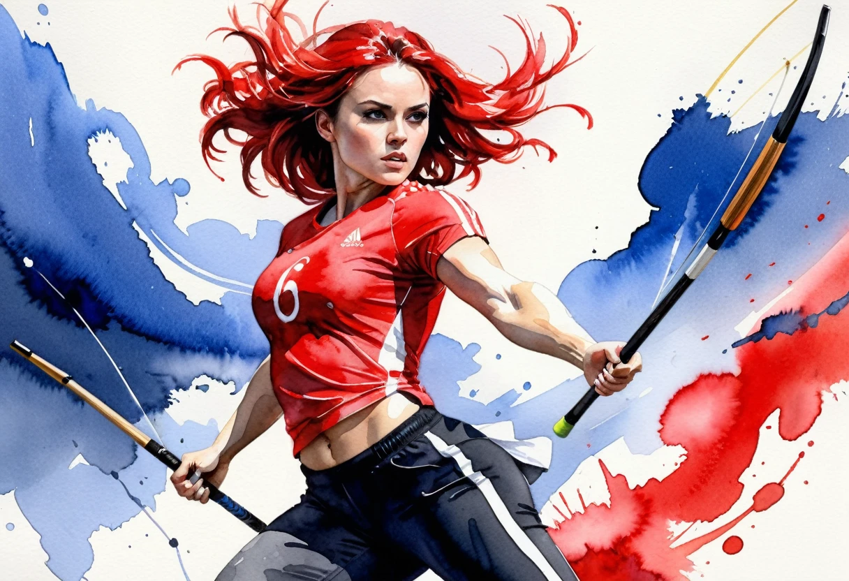 (( a black and white and red watercolor art: 1.5)) a watercolor portrait of woman throwing javelin in the Olympics, a woman, dynamic hair color, dynamic hair style, (most beautiful face: 1.3), (ultra detailed face: 1.4), ((holding javelin ready to throw: 1.5)),   ((wearing athletic shirt, pants and sneakers: 1.2)), ibrant, Ultra-high resolution, High Contrast, (masterpiece:1.5), highest quality, Best aesthetics), best details, best quality, highres, 16k, [ultra detailed], masterpiece, best quality, (extremely detailed), Cinematic Hollywood Film, watercolor