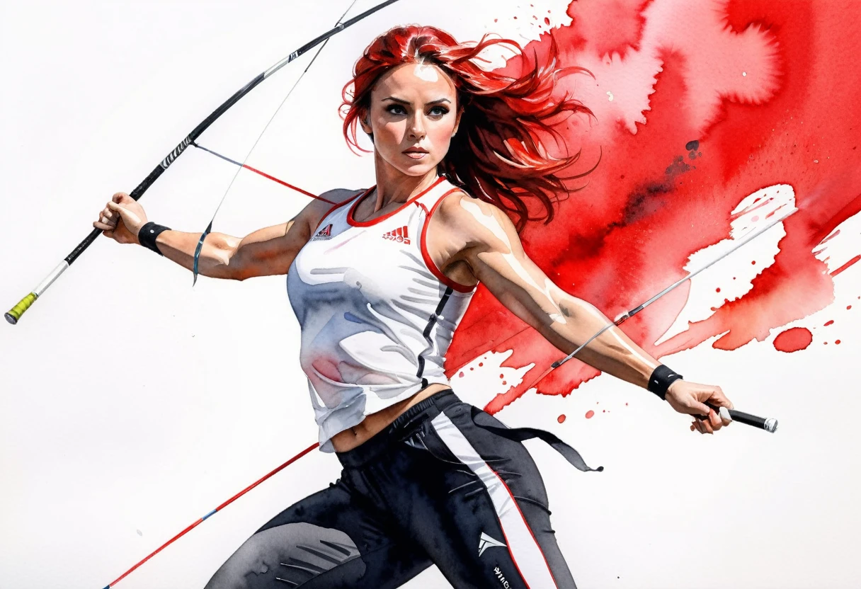 (( a black and white and red watercolor art: 1.5)) a watercolor portrait of woman throwing javelin in the Olympics, a woman, dynamic hair color, dynamic hair style, (most beautiful face: 1.3), (ultra detailed face: 1.4), ((holding javelin ready to throw: 1.5)),   ((wearing athletic shirt, pants and sneakers: 1.2)), ibrant, Ultra-high resolution, High Contrast, (masterpiece:1.5), highest quality, Best aesthetics), best details, best quality, highres, 16k, [ultra detailed], masterpiece, best quality, (extremely detailed), Cinematic Hollywood Film, watercolor